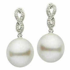 ESTATE .15CT DIAMOND & AAA SOUTH SEA PEARL 14K WHITE GOLD INFINITY LOVE EARRINGS