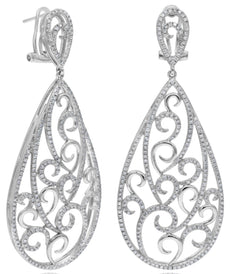 2.43CT DIAMOND 14KT WHITE GOLD 3D OPEN FILIGREE TEAR DROP FUN HANGING EARRINGS