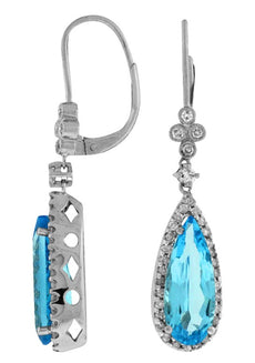 LARGE 6.25CT DIAMOND & AAA BLUE TOPAZ 14KT WHITE GOLD PEAR SHAPE FLORAL EARRINGS