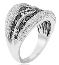 WIDE 1.85CT WHITE & BLACK DIAMOND 14KT WHITE GOLD MULTI ROW CRISS CROSS FUN RING