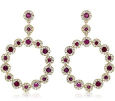 LARGE 1.83CT DIAMOND & AAA RUBY 14K YELLOW GOLD FLOWER CIRCULAR HANGING EARRINGS
