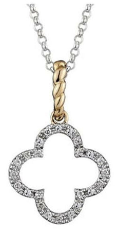 .06CT DIAMOND 14KT 2 TONE GOLD 3D CLASSIC 4 LEAF CLOVER FLOWER FLOATING PENDANT
