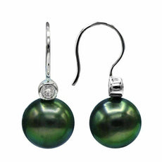 ESTATE .20CT DIAMOND & AAA TAHITIAN PEARL 18KT WHITE GOLD BEZEL HANGING EARRINGS
