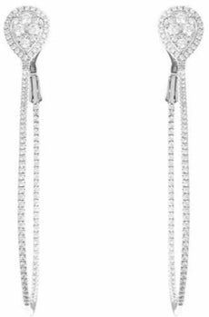 LARGE 1.40CT DIAMOND 14K WHITE GOLD 3D DOUBLE TEAR DROP CLIP ON HANGING EARRINGS