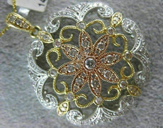 ESTATE LARGE 1.15CT DIAMOND 14KT TRI COLOR GOLD FILIGREE MILGRAIN FLOWER PENDANT