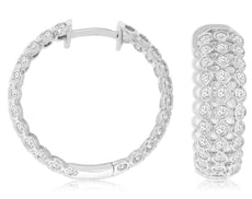 WIDE 1.0CT DIAMOND 14KT WHITE GOLD 3D CLASSIC 3 ROW BEZEL HOOP HANGING EARRINGS