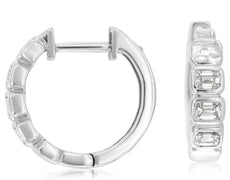 .43CT DIAMOND 14K WHITE GOLD 3D EMERALD CUT 5 STONE HUGGIE HOOP HANGING EARRINGS