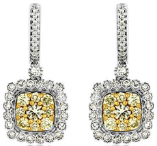1.50CT WHITE & FANCY YELLOW DIAMOND 14KT WHITE GOLD 3D CLUSTER HANGING EARRINGS