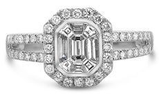 .68CT DIAMOND 14KT WHITE GOLD 3D ROUND & BAGUETTE HALO OCTAGON ENGAGEMENT RING