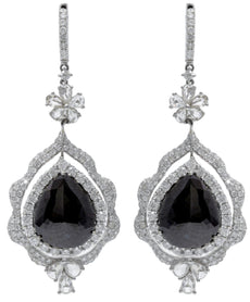 LARGE 19.5CT WHITE & BLACK DIAMOND 18KT WHITE GOLD PEAR SHAPE & ROUND EARRINGS