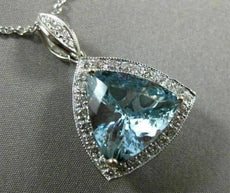 ESTATE LARGE 6.09CT DIAMOND & AQUAMARINE 14K WHITE GOLD 3D TRILLION HALO PENDANT