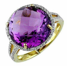 LARGE 10.02CT DIAMOND & AAA AMETHYST 14KT YELLOW GOLD 3D ROUND HALO FUN RING