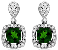 2.42CT DIAMOND & AAA RUSSALITE 14KT WHITE GOLD CUSHION & ROUND HANGING EARRINGS