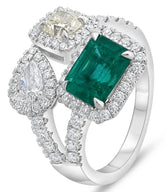 LARGE 2.91CT DIAMOND & AAA EMERALD 14KT WHITE GOLD MULTI SHAPE 3 STONE LOVE RING