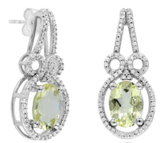 LARGE 2.39CT DIAMOND & AAA LEMON QUARTZ 14KT WHITE GOLD 3D OVAL & ROUND EARRINGS