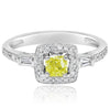 .90CT WHITE & FANCY YELLOW DIAMOND 18KT WHITE GOLD ROUND & BAGUETTE CUSHION RING