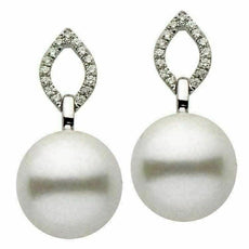 ESTATE .17CT DIAMOND & AAA SOUTH SEA PEARL 14K WHITE GOLD MARQUISE LEAF EARRINGS