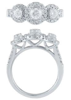 1.0CT DIAMOND 14KT WHITE GOLD 3D ROUND HALO PAST PRESENT FUTURE ANNIVERSARY RING