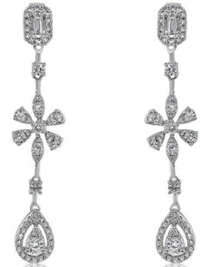 .88CT DIAMOND 14KT WHITE GOLD BAGUETTE CLUSTER FLOWER TEAR DROP HANGING EARRINGS