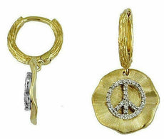 .18CT DIAMOND 14KT YELLOW GOLD 3D FLOWER PEACE SIGN ROUND HANGING EARRINGS