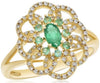 WIDE .58CT DIAMOND & AAA EMERALD 14KT YELLOW GOLD OPEN FILIGREE FLOWER FUN RING