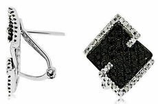 ESTATE 1.31CT WHITE & BLACK DIAMOND 14KT WHITE GOLD SQUARE PAVE CLIP ON EARRINGS