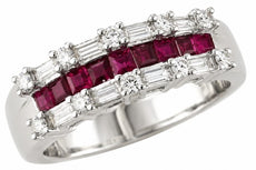 1.10CT DIAMOND & AAA RUBY 14K WHITE GOLD 3 ROW ROUND & PRINCESS ANNIVERSARY RING