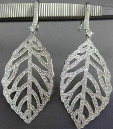 ESTATE 3.05CT DIAMOND 18KT WHITE GOLD 3D OPEN FILIGREE LEAF HANGING EARRINGS VVS