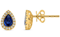 1.03CT DIAMOND AAA SAPPHIRE 14KT YELLOW GOLD PEAR SHAPE ROUND HALO STUD EARRINGS