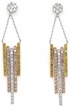 1.97CT WHITE PINK & FANCY YELLOW DIAMOND 14KT TRI COLOR GOLD MULTI BAR EARRINGS