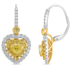 2.32CT WHITE & FANCY YELLOW DIAMOND 14K 2 TONE GOLD HEART SHAPE HANGING EARRINGS