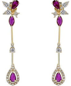 1.36CT DIAMOND & AAA RUBY 14KT YELLOW GOLD 3D PEAR SHAPE TEAR DROP LEAF EARRINGS