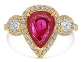 LARGE GIA 2.61CT DIAMOND & AAA RUBY 14KT YELLOW GOLD 3D PEAR SHAPE 3 STONE RING