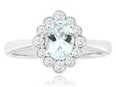 1.05CT DIAMOND & AAA AQUAMARINE 14K WHITE GOLD 3D OVAL FILIGREE FLOWER LOVE RING