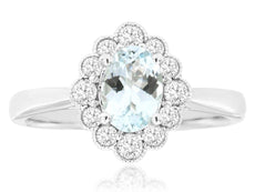 1.05CT DIAMOND & AAA AQUAMARINE 14K WHITE GOLD 3D OVAL FILIGREE FLOWER LOVE RING