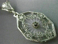 ANTIQUE LARGE WHITE QUARTZ 14KT WHITE GOLD 3D VICTORIAN FILIGREE PENDANT #19784