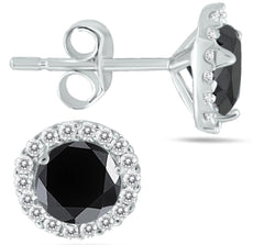 1.25CT WHITE & BLACK DIAMOND 14KT WHITE GOLD ROUND SOLITAIRE HALO STUD EARRINGS