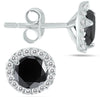 1.25CT WHITE & BLACK DIAMOND 14KT WHITE GOLD ROUND SOLITAIRE HALO STUD EARRINGS