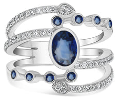 LARGE 1.63CT DIAMOND & AAA SAPPHIRE 14KT WHITE GOLD OVAL & ROUND MULTI ROW RING