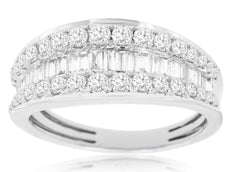 ESTATE WIDE .98CT DIAMOND 14K WHITE GOLD ROUND & BAGUETTE 3 ROW ANNIVERSARY RING