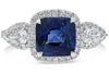 LARGE 3.46CT DIAMOND & AAA SAPPHIRE PLATINUM 3D CUSHION 3 STONE ENGAGEMENT RING