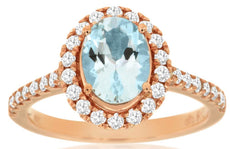 1.6CT DIAMOND & AAA AQUAMARINE 14K ROSE GOLD OVAL & ROUND FLOWER ENGAGEMENT RING