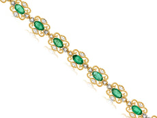 4.02CT DIAMOND & AAA EMERALD 14K YELLOW GOLD OVAL & ROUND FLOWER TENNIS BRACELET