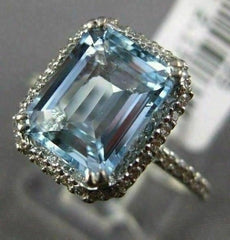 ESTATE LARGE 2.52CT DIAMOND & AQUAMARINE 14KT WHITE GOLD 3D HALO ENGAGEMENT RING
