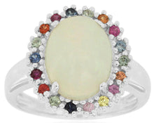 3.40CT AAA SAPPHIRE & OPAL 14KT WHITE GOLD OVAL & ROUND FLOWER RAINBOW FUN RING