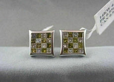 ESTATE 1.84CT FANCY YELLOW & WHITE DIAMOND 14KT WHITE GOLD SQUARE EARRINGS