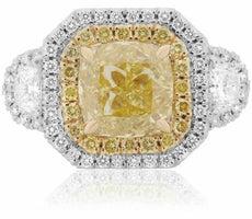 ESTATE LARGE 4.34CT WHITE & FANCY YELLOW DIAMOND 18K 2 TONE GOLD ENGAGEMENT RING