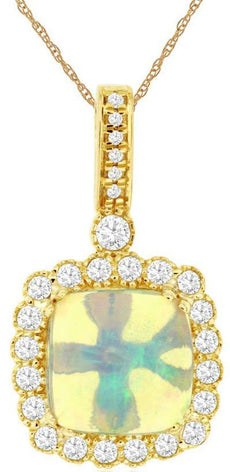2.07CT DIAMOND & AAA OPAL 14K YELLOW GOLD 3D CUSHION & ROUND SQUARE HALO PENDANT