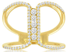 LARGE .43CT DIAMOND 14KT YELLOW GOLD 3D OPEN DOUBLE LOOP BAR FUN STATEMENT RING