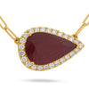 1.73CT DIAMOND & AAA RUBY 18KT YELLOW GOLD 3D PEAR SHAPE SOLITAIRE HALO NECKLACE